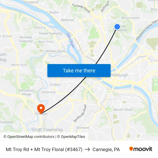 Mt Troy Rd + Mt Troy Floral (#3467) to Carnegie, PA map