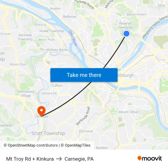 Mt Troy Rd + Kinkura to Carnegie, PA map