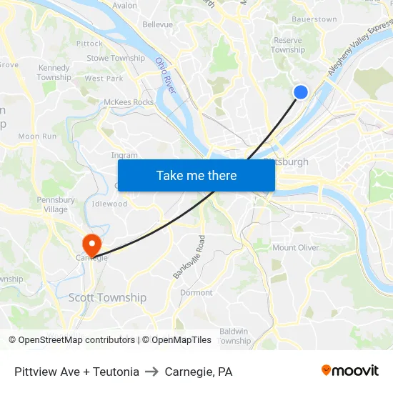 Pittview Ave + Teutonia to Carnegie, PA map