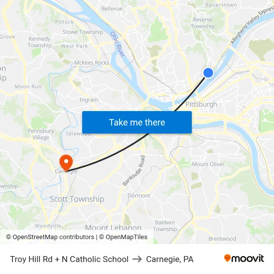 Troy Hill Rd + N Catholic School to Carnegie, PA map