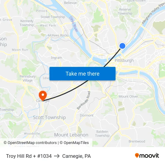 Troy Hill Rd + #1034 to Carnegie, PA map