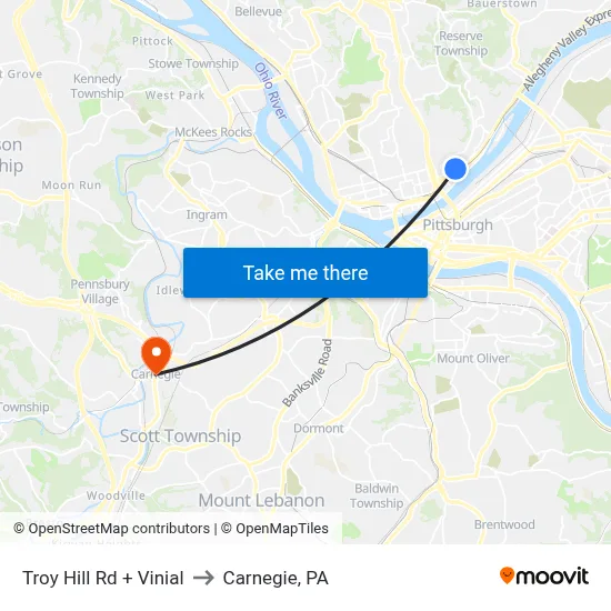 Troy Hill Rd + Vinial to Carnegie, PA map