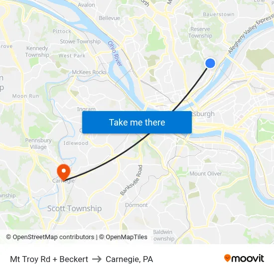Mt Troy Rd + Beckert to Carnegie, PA map