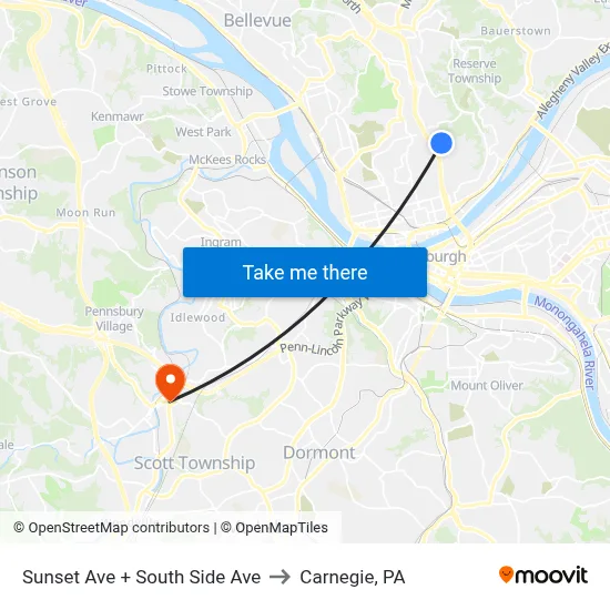 Sunset Ave + South Side Ave to Carnegie, PA map