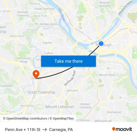 Penn Ave + 11th St to Carnegie, PA map