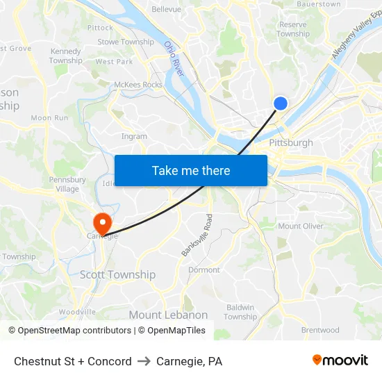 Chestnut St + Concord to Carnegie, PA map