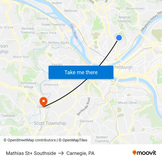Mathias St+ Southside to Carnegie, PA map