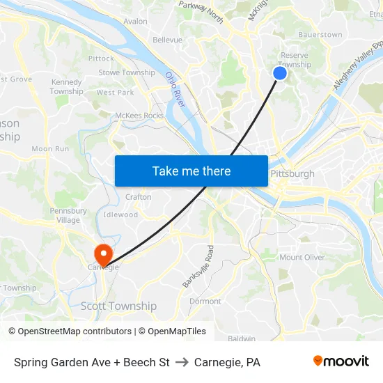 Spring Garden Ave + Beech St to Carnegie, PA map