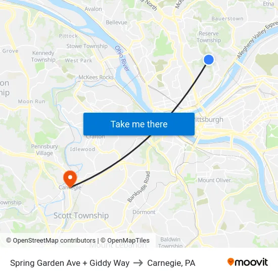 Spring Garden Ave + Giddy Way to Carnegie, PA map
