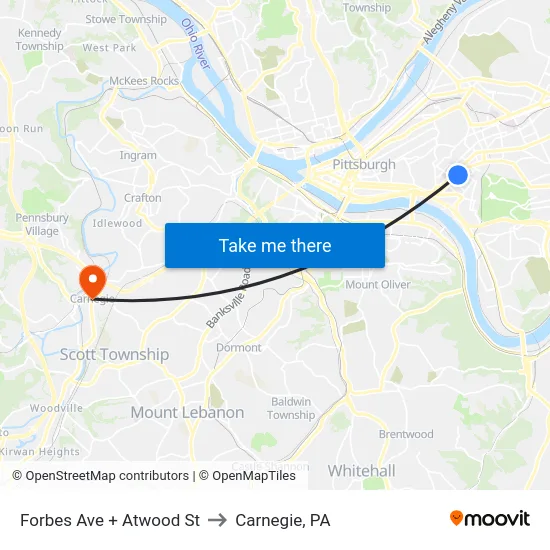 Forbes Ave + Atwood St to Carnegie, PA map