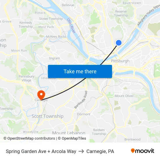Spring Garden Ave + Arcola Way to Carnegie, PA map