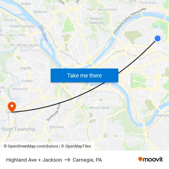 Highland Ave + Jackson to Carnegie, PA map
