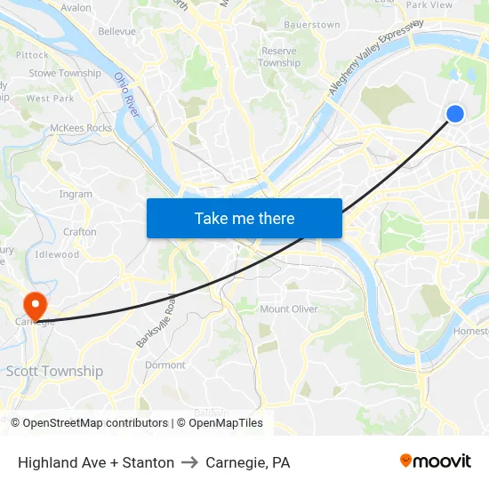Highland Ave + Stanton to Carnegie, PA map