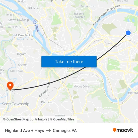Highland Ave + Hays to Carnegie, PA map