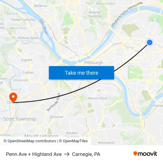 Penn Ave + Highland Ave to Carnegie, PA map