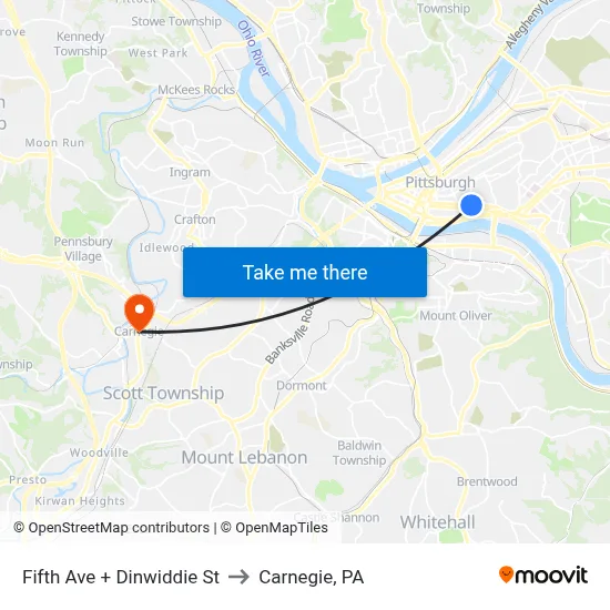 Fifth Ave + Dinwiddie St to Carnegie, PA map