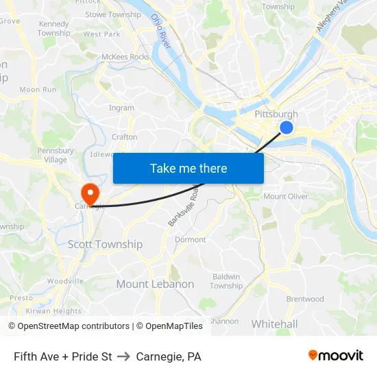 Fifth Ave + Pride St to Carnegie, PA map