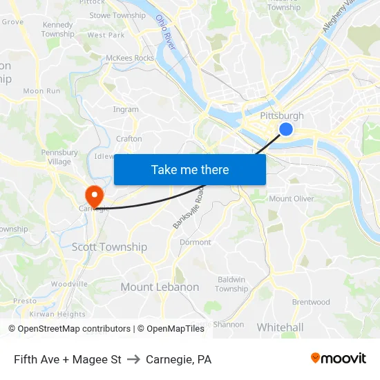 Fifth Ave + Magee St to Carnegie, PA map