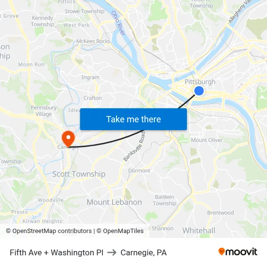 Fifth Ave + Washington Pl to Carnegie, PA map