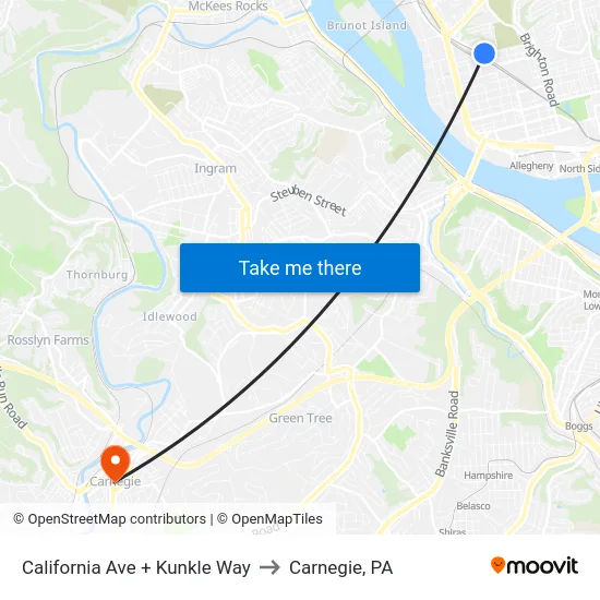 California Ave + Kunkle Way to Carnegie, PA map