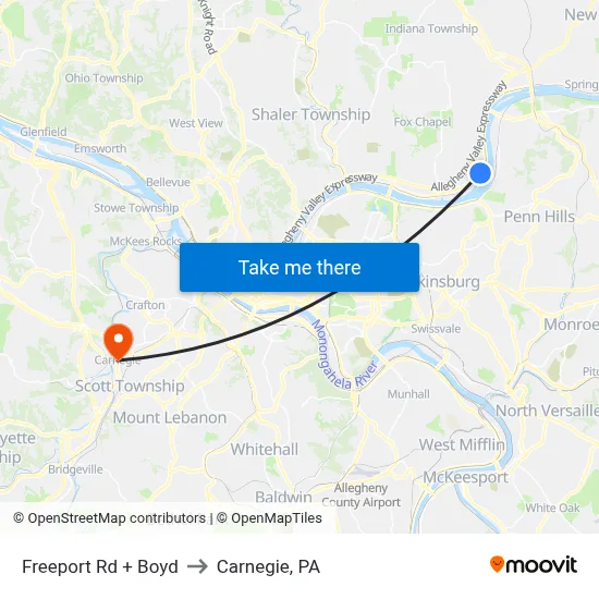 Freeport Rd + Boyd to Carnegie, PA map