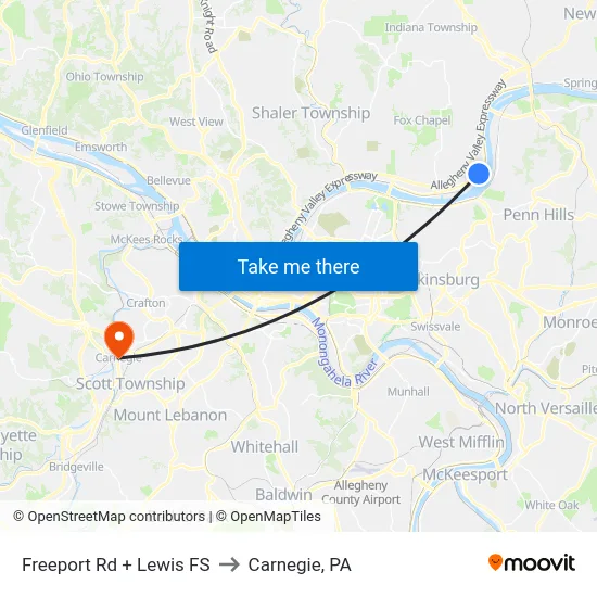 Freeport Rd + Lewis FS to Carnegie, PA map
