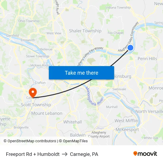 Freeport Rd + Humboldt to Carnegie, PA map
