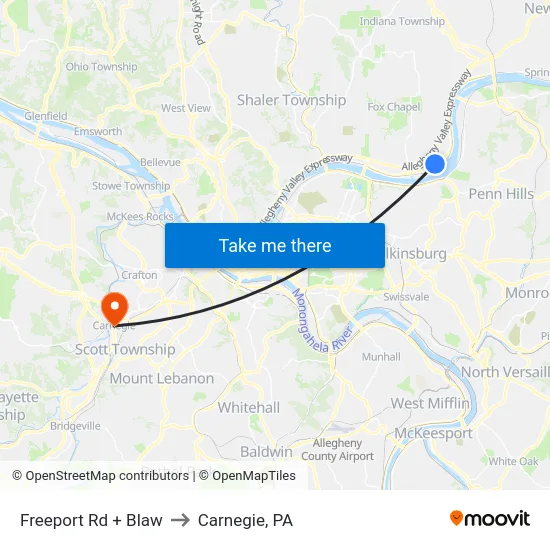 Freeport Rd + Blaw to Carnegie, PA map