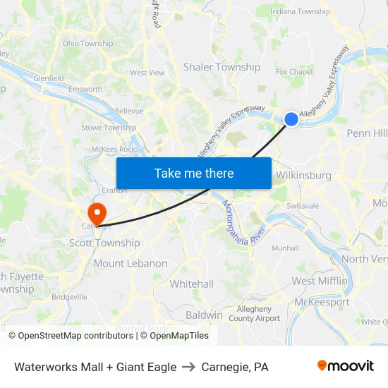 Waterworks Mall + Giant Eagle to Carnegie, PA map