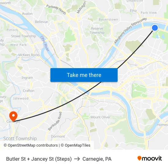 Butler St + Jancey St (Steps) to Carnegie, PA map