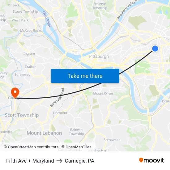 Fifth Ave + Maryland to Carnegie, PA map