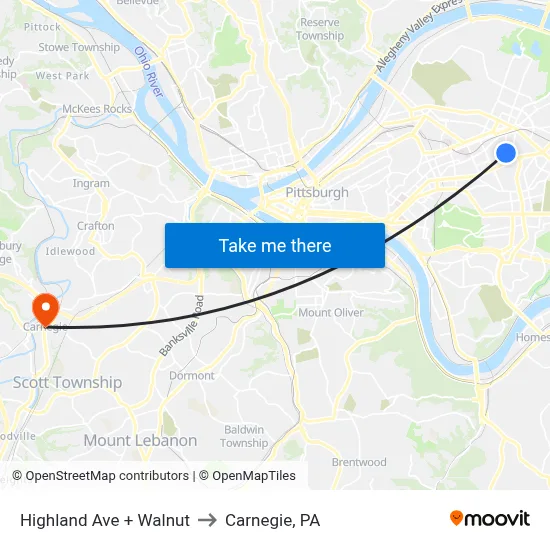 Highland Ave + Walnut to Carnegie, PA map