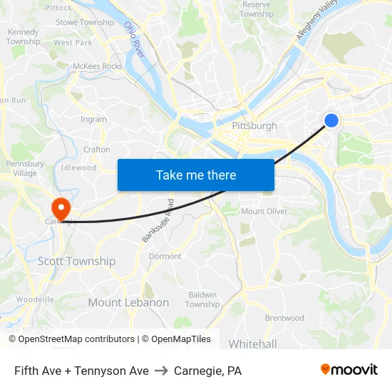 Fifth Ave + Tennyson Ave to Carnegie, PA map