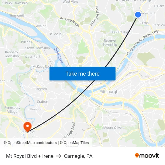 Mt Royal Blvd + Irene to Carnegie, PA map