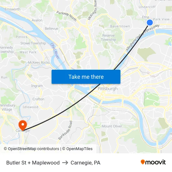 Butler St + Maplewood to Carnegie, PA map