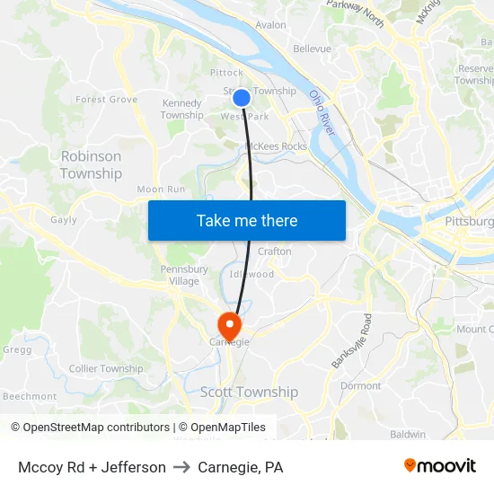 Mccoy Rd + Jefferson to Carnegie, PA map