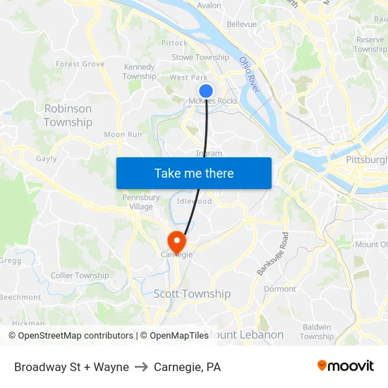 Broadway St + Wayne to Carnegie, PA map