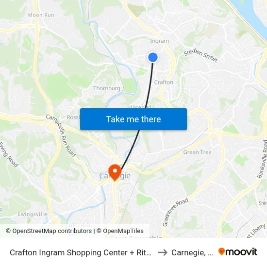 Crafton Ingram Shopping Center + Rite-Aid to Carnegie, PA map