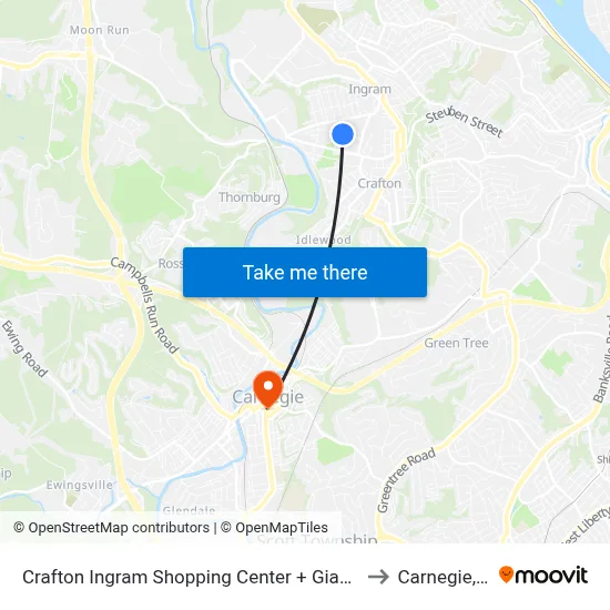 Crafton Ingram Shopping Center + Giant Eagle to Carnegie, PA map