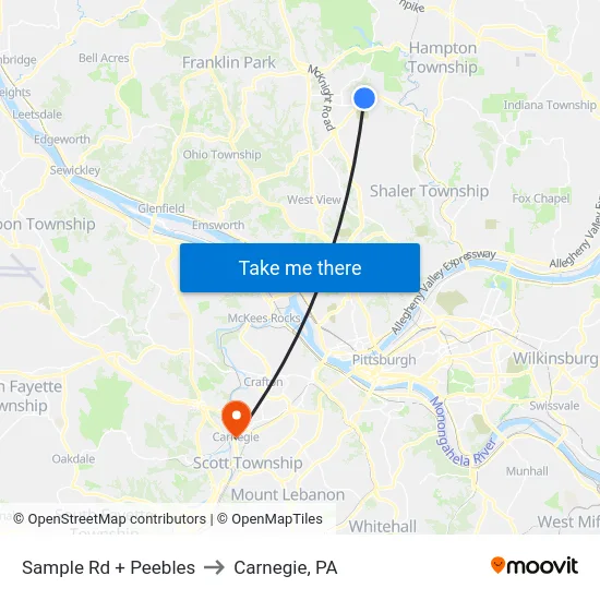 Sample Rd + Peebles to Carnegie, PA map