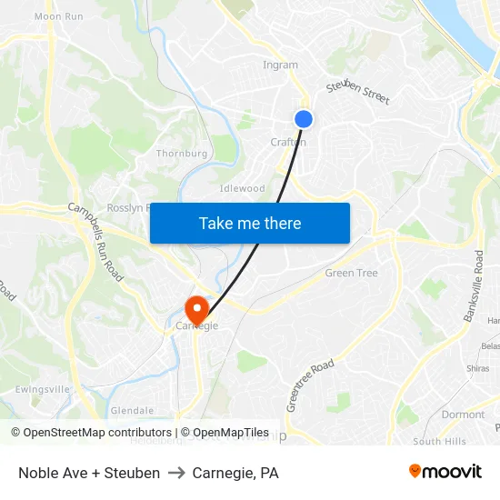 Noble Ave + Steuben to Carnegie, PA map