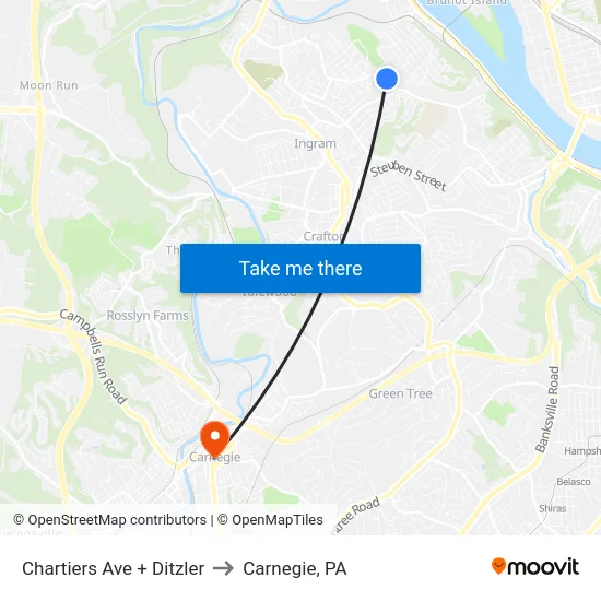 Chartiers Ave + Ditzler to Carnegie, PA map