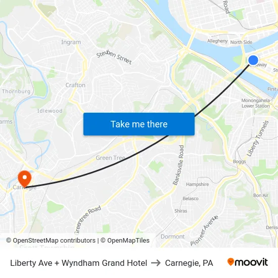 Liberty Ave + Wyndham Grand Hotel to Carnegie, PA map