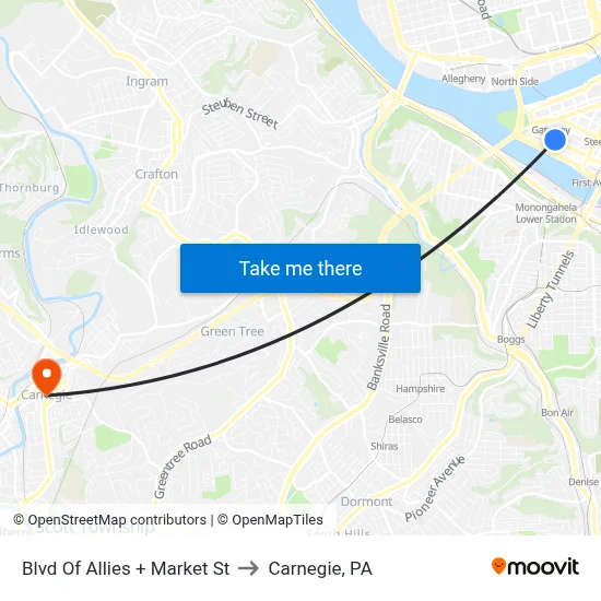 Blvd Of Allies + Market St to Carnegie, PA map
