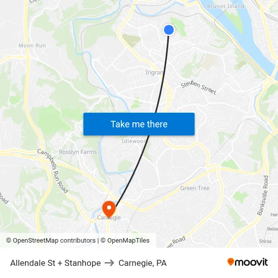Allendale St + Stanhope to Carnegie, PA map