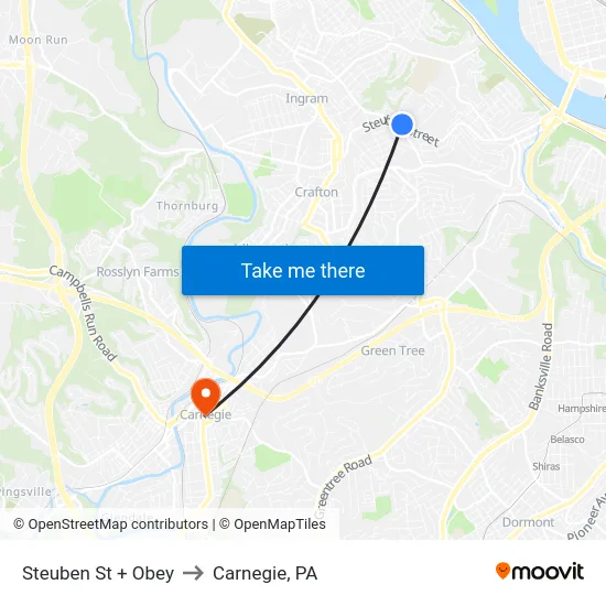 Steuben St + Obey to Carnegie, PA map
