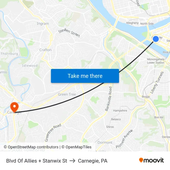 Blvd Of Allies + Stanwix St to Carnegie, PA map