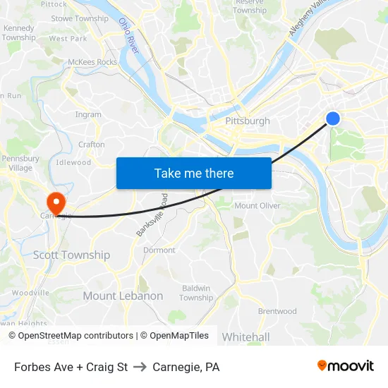 Forbes Ave + Craig St to Carnegie, PA map
