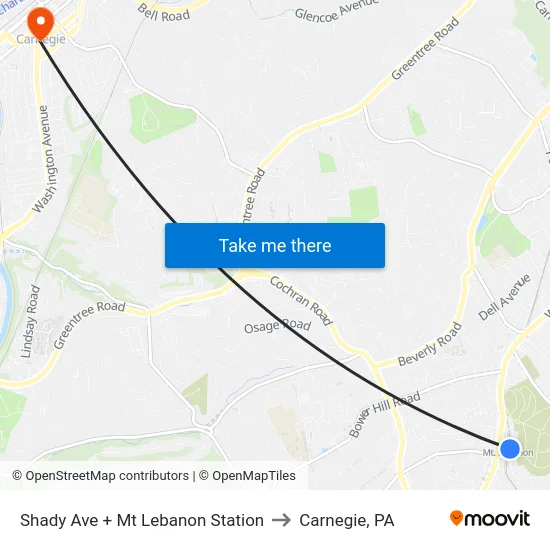 Shady Ave + Mt Lebanon Station to Carnegie, PA map