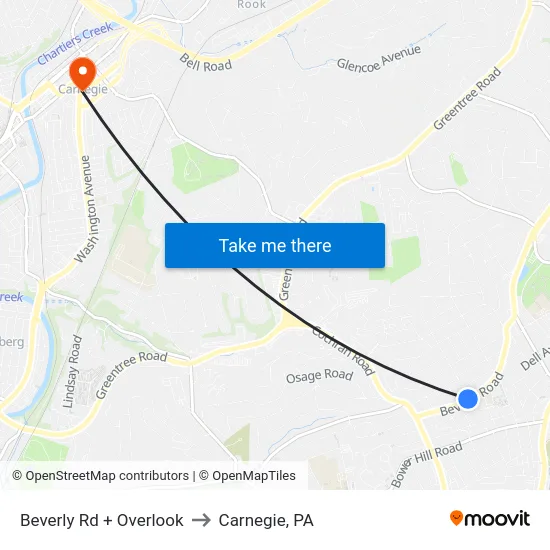 Beverly Rd + Overlook to Carnegie, PA map